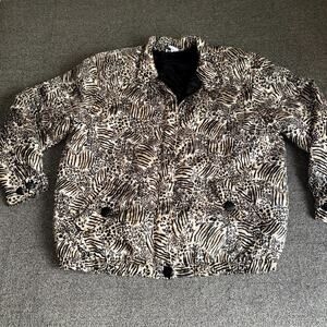 Vintage Anna And Frank Quilted Jacket Womens Large Black White Animal Print Silk